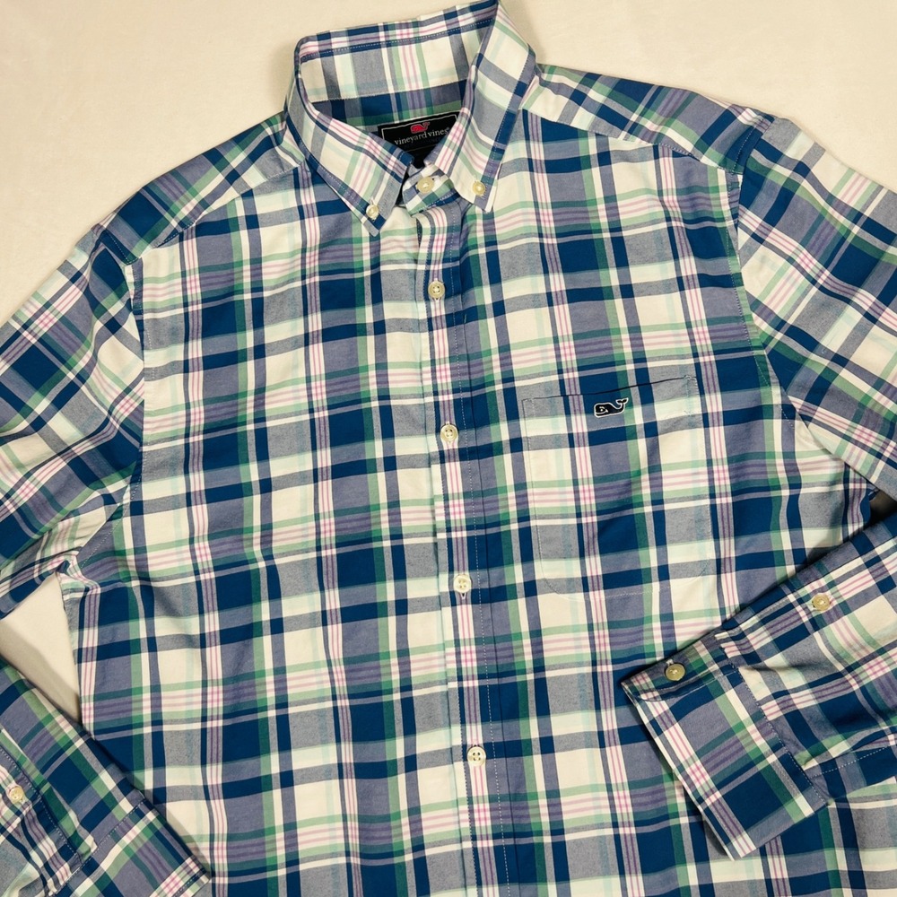 Vineyard Vines Performance Classic Fit Tucker Shirt Blue Green Plaid Mens Medium
